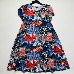 LuLaRoe Short Sleeve T-shirt Pockets Red White Blue Batik Dress Womens Small